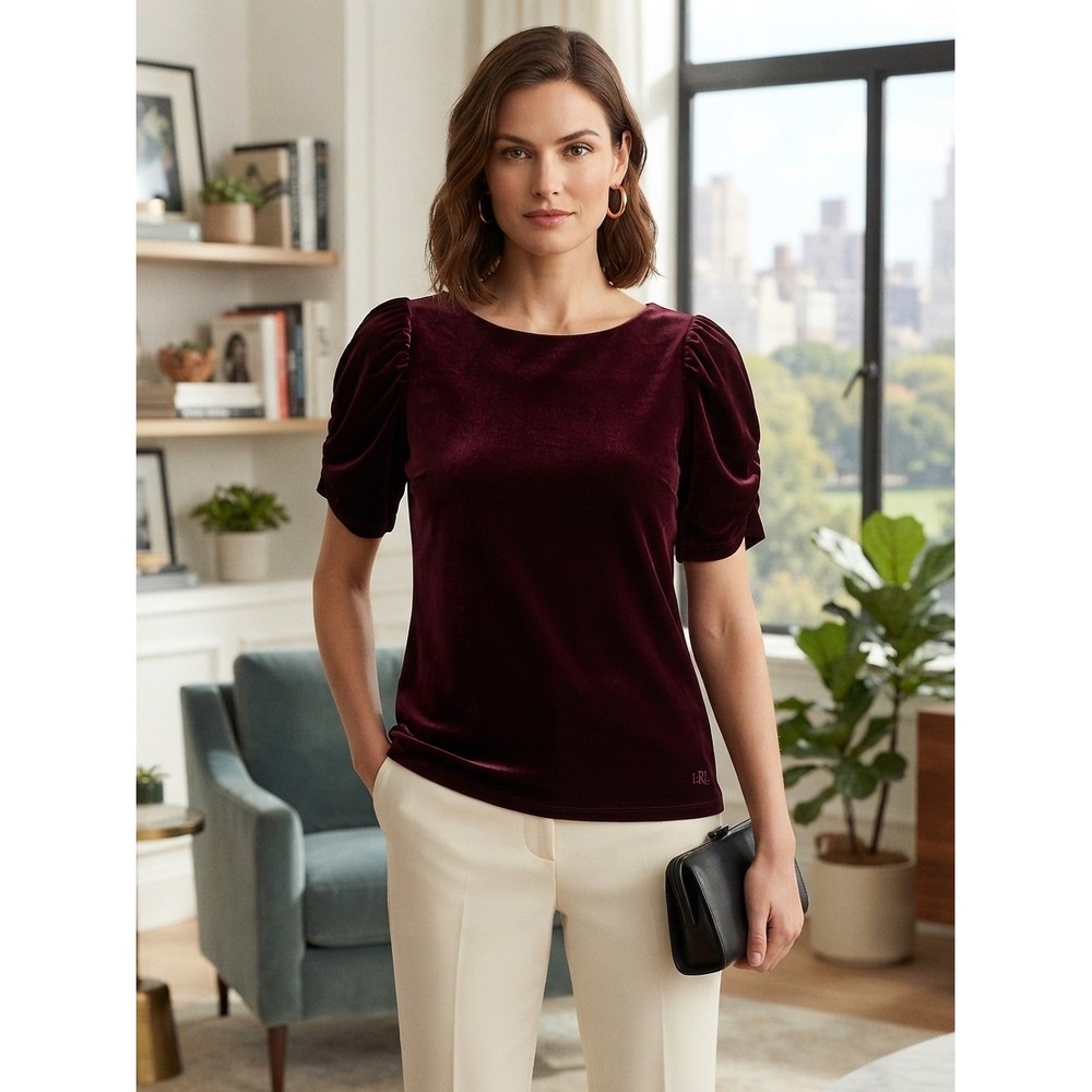 Lauren Ralph Lauren Velvet Puff Sleeve Top Purple XXL NWT